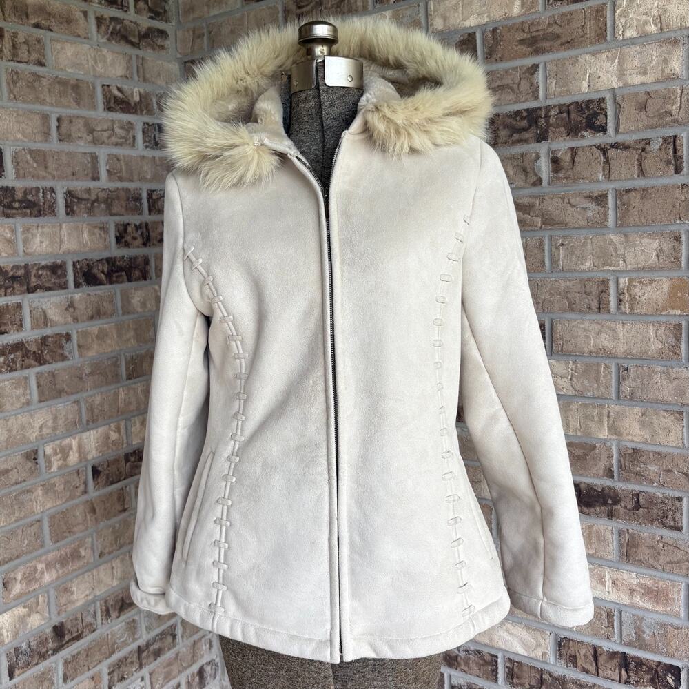 Liz Claiborne MED Camel Faux Suede Jacket Genuine Fur Hood Winter Coat Y2K Boho